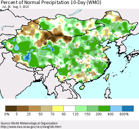 China, Mongolia and Taiwan Percent of Normal Precipitation 10-Day (WMO) Thematic Map For 7/26/2023 - 8/5/2023