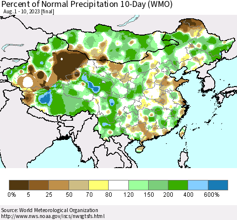 China, Mongolia and Taiwan Percent of Normal Precipitation 10-Day (WMO) Thematic Map For 8/1/2023 - 8/10/2023