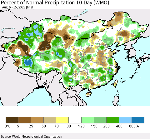 China, Mongolia and Taiwan Percent of Normal Precipitation 10-Day (WMO) Thematic Map For 8/6/2023 - 8/15/2023