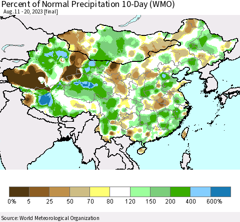 China, Mongolia and Taiwan Percent of Normal Precipitation 10-Day (WMO) Thematic Map For 8/11/2023 - 8/20/2023