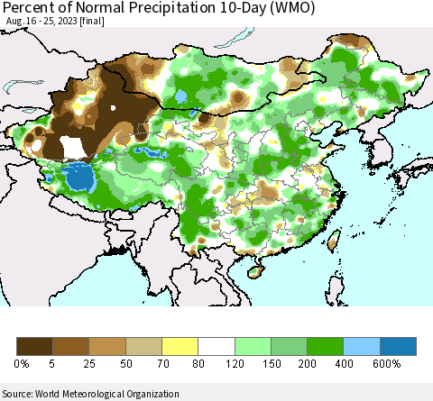 China, Mongolia and Taiwan Percent of Normal Precipitation 10-Day (WMO) Thematic Map For 8/16/2023 - 8/25/2023