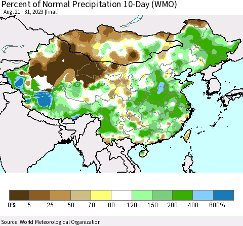 China, Mongolia and Taiwan Percent of Normal Precipitation 10-Day (WMO) Thematic Map For 8/21/2023 - 8/31/2023