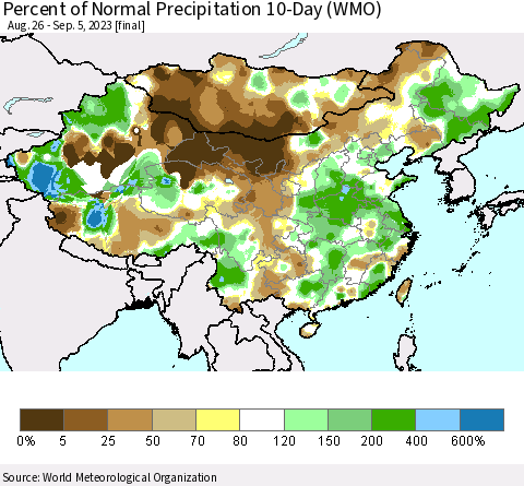 China, Mongolia and Taiwan Percent of Normal Precipitation 10-Day (WMO) Thematic Map For 8/26/2023 - 9/5/2023