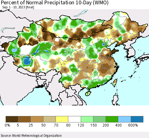 China, Mongolia and Taiwan Percent of Normal Precipitation 10-Day (WMO) Thematic Map For 9/1/2023 - 9/10/2023