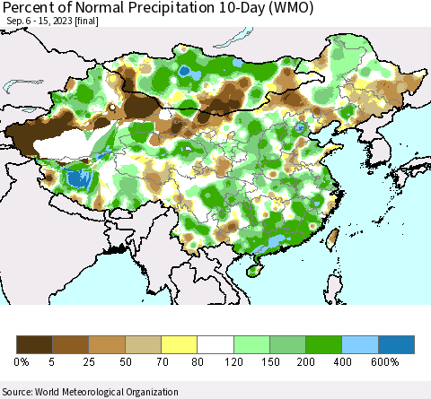 China, Mongolia and Taiwan Percent of Normal Precipitation 10-Day (WMO) Thematic Map For 9/6/2023 - 9/15/2023