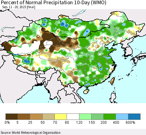 China, Mongolia and Taiwan Percent of Normal Precipitation 10-Day (WMO) Thematic Map For 9/11/2023 - 9/20/2023