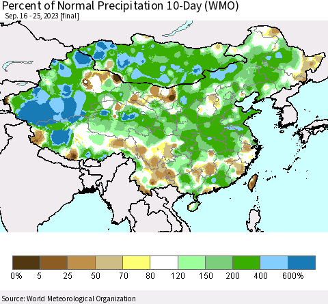 China, Mongolia and Taiwan Percent of Normal Precipitation 10-Day (WMO) Thematic Map For 9/16/2023 - 9/25/2023