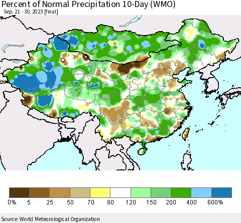 China, Mongolia and Taiwan Percent of Normal Precipitation 10-Day (WMO) Thematic Map For 9/21/2023 - 9/30/2023