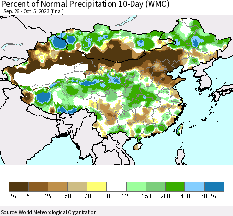China, Mongolia and Taiwan Percent of Normal Precipitation 10-Day (WMO) Thematic Map For 9/26/2023 - 10/5/2023