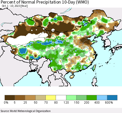 China, Mongolia and Taiwan Percent of Normal Precipitation 10-Day (WMO) Thematic Map For 10/1/2023 - 10/10/2023