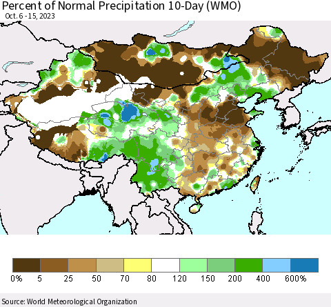 China, Mongolia and Taiwan Percent of Normal Precipitation 10-Day (WMO) Thematic Map For 10/6/2023 - 10/15/2023