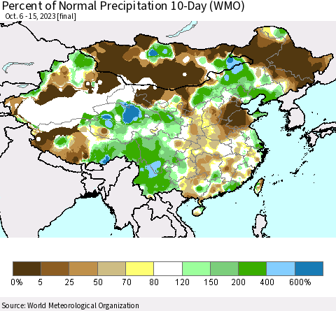 China, Mongolia and Taiwan Percent of Normal Precipitation 10-Day (WMO) Thematic Map For 10/6/2023 - 10/15/2023