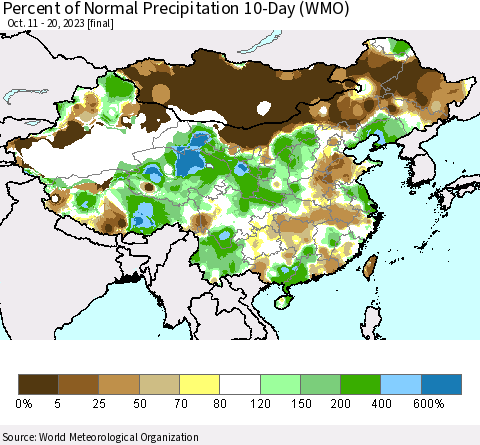 China, Mongolia and Taiwan Percent of Normal Precipitation 10-Day (WMO) Thematic Map For 10/11/2023 - 10/20/2023