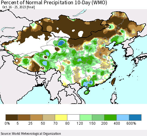 China, Mongolia and Taiwan Percent of Normal Precipitation 10-Day (WMO) Thematic Map For 10/16/2023 - 10/25/2023