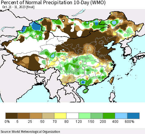 China, Mongolia and Taiwan Percent of Normal Precipitation 10-Day (WMO) Thematic Map For 10/21/2023 - 10/31/2023