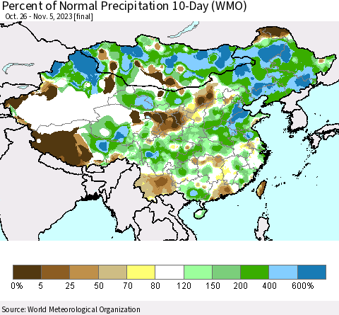 China, Mongolia and Taiwan Percent of Normal Precipitation 10-Day (WMO) Thematic Map For 10/26/2023 - 11/5/2023