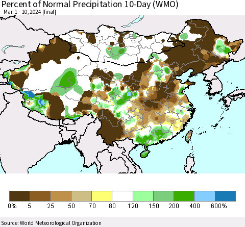 China, Mongolia and Taiwan Percent of Normal Precipitation 10-Day (WMO) Thematic Map For 3/1/2024 - 3/10/2024