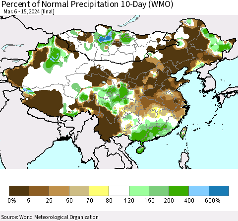 China, Mongolia and Taiwan Percent of Normal Precipitation 10-Day (WMO) Thematic Map For 3/6/2024 - 3/15/2024
