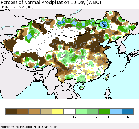 China, Mongolia and Taiwan Percent of Normal Precipitation 10-Day (WMO) Thematic Map For 3/11/2024 - 3/20/2024