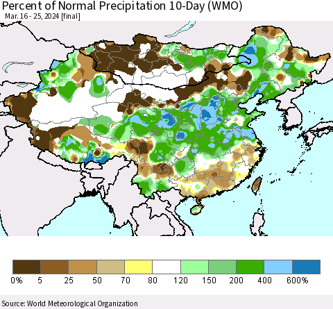 China, Mongolia and Taiwan Percent of Normal Precipitation 10-Day (WMO) Thematic Map For 3/16/2024 - 3/25/2024
