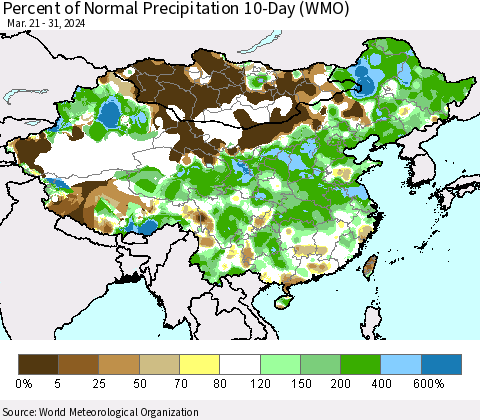 China, Mongolia and Taiwan Percent of Normal Precipitation 10-Day (WMO) Thematic Map For 3/21/2024 - 3/31/2024