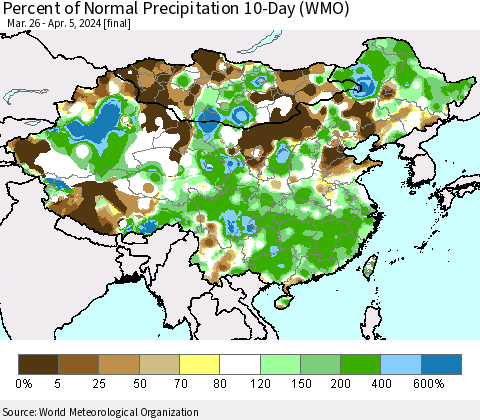 China, Mongolia and Taiwan Percent of Normal Precipitation 10-Day (WMO) Thematic Map For 3/26/2024 - 4/5/2024