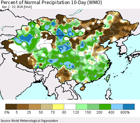 China, Mongolia and Taiwan Percent of Normal Precipitation 10-Day (WMO) Thematic Map For 4/1/2024 - 4/10/2024