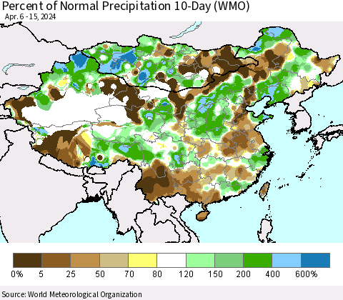 China, Mongolia and Taiwan Percent of Normal Precipitation 10-Day (WMO) Thematic Map For 4/6/2024 - 4/15/2024