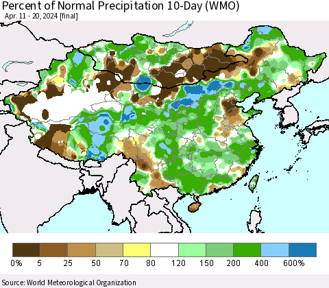 China, Mongolia and Taiwan Percent of Normal Precipitation 10-Day (WMO) Thematic Map For 4/11/2024 - 4/20/2024