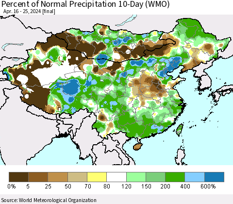 China, Mongolia and Taiwan Percent of Normal Precipitation 10-Day (WMO) Thematic Map For 4/16/2024 - 4/25/2024