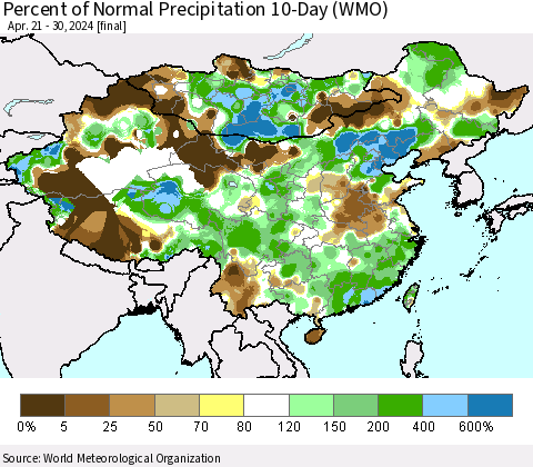 China, Mongolia and Taiwan Percent of Normal Precipitation 10-Day (WMO) Thematic Map For 4/21/2024 - 4/30/2024