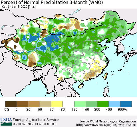 China, Mongolia and Taiwan Percent of Normal Precipitation 3-Month (WMO) Thematic Map For 10/6/2019 - 1/5/2020