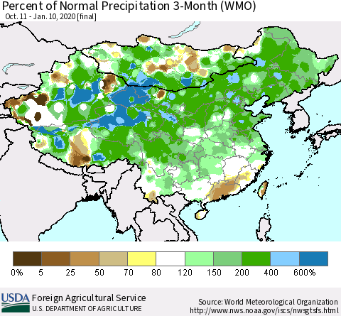China, Mongolia and Taiwan Percent of Normal Precipitation 3-Month (WMO) Thematic Map For 10/11/2019 - 1/10/2020