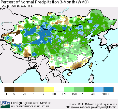 China, Mongolia and Taiwan Percent of Normal Precipitation 3-Month (WMO) Thematic Map For 10/16/2019 - 1/15/2020