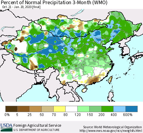 China, Mongolia and Taiwan Percent of Normal Precipitation 3-Month (WMO) Thematic Map For 10/21/2019 - 1/20/2020