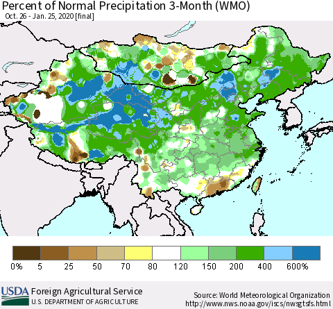 China, Mongolia and Taiwan Percent of Normal Precipitation 3-Month (WMO) Thematic Map For 10/26/2019 - 1/25/2020