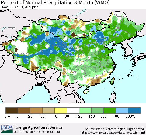 China, Mongolia and Taiwan Percent of Normal Precipitation 3-Month (WMO) Thematic Map For 11/1/2019 - 1/31/2020