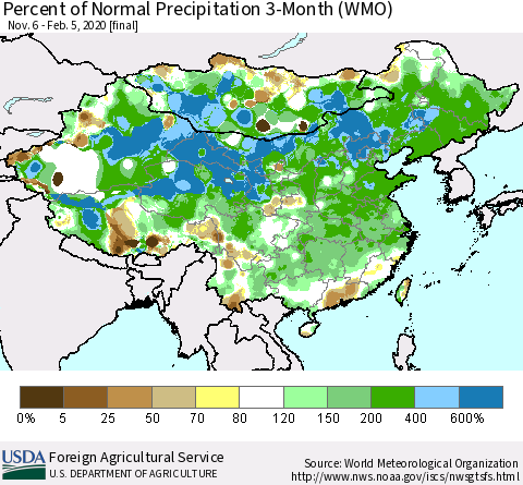 China, Mongolia and Taiwan Percent of Normal Precipitation 3-Month (WMO) Thematic Map For 11/6/2019 - 2/5/2020