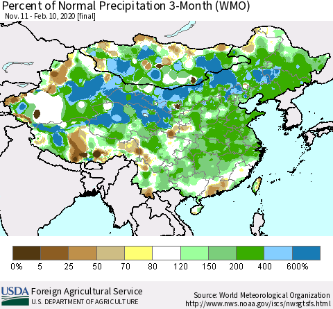 China, Mongolia and Taiwan Percent of Normal Precipitation 3-Month (WMO) Thematic Map For 11/11/2019 - 2/10/2020