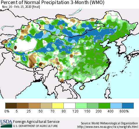 China, Mongolia and Taiwan Percent of Normal Precipitation 3-Month (WMO) Thematic Map For 11/16/2019 - 2/15/2020
