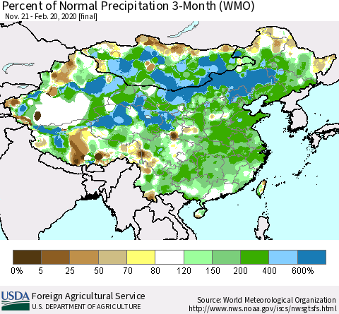 China, Mongolia and Taiwan Percent of Normal Precipitation 3-Month (WMO) Thematic Map For 11/21/2019 - 2/20/2020