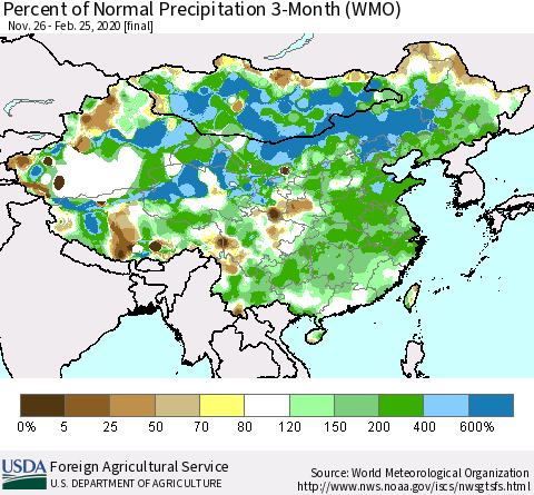 China, Mongolia and Taiwan Percent of Normal Precipitation 3-Month (WMO) Thematic Map For 11/26/2019 - 2/25/2020