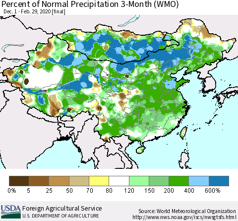 China, Mongolia and Taiwan Percent of Normal Precipitation 3-Month (WMO) Thematic Map For 12/1/2019 - 2/29/2020