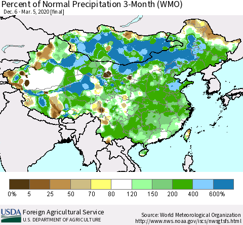China, Mongolia and Taiwan Percent of Normal Precipitation 3-Month (WMO) Thematic Map For 12/6/2019 - 3/5/2020
