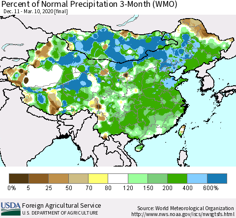 China, Mongolia and Taiwan Percent of Normal Precipitation 3-Month (WMO) Thematic Map For 12/11/2019 - 3/10/2020