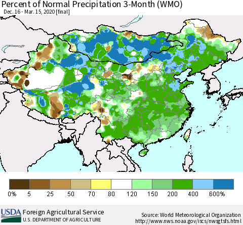 China, Mongolia and Taiwan Percent of Normal Precipitation 3-Month (WMO) Thematic Map For 12/16/2019 - 3/15/2020