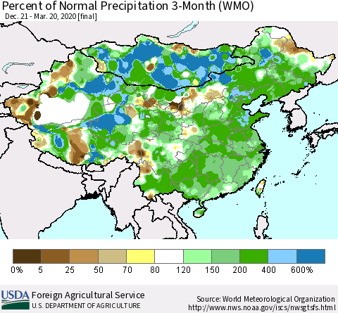 China, Mongolia and Taiwan Percent of Normal Precipitation 3-Month (WMO) Thematic Map For 12/21/2019 - 3/20/2020