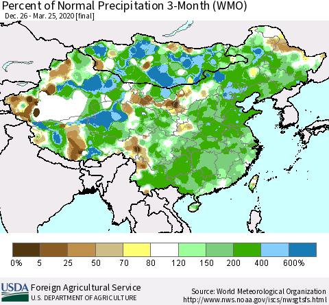 China, Mongolia and Taiwan Percent of Normal Precipitation 3-Month (WMO) Thematic Map For 12/26/2019 - 3/25/2020