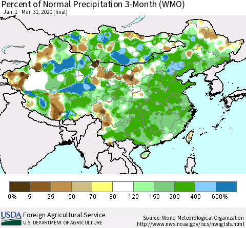 China, Mongolia and Taiwan Percent of Normal Precipitation 3-Month (WMO) Thematic Map For 1/1/2020 - 3/31/2020