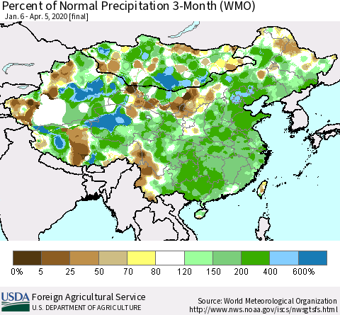 China, Mongolia and Taiwan Percent of Normal Precipitation 3-Month (WMO) Thematic Map For 1/6/2020 - 4/5/2020